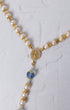 Pearl Something Blue Bridal Rosary y-shaped necklace with pearls, gold, blue crystal