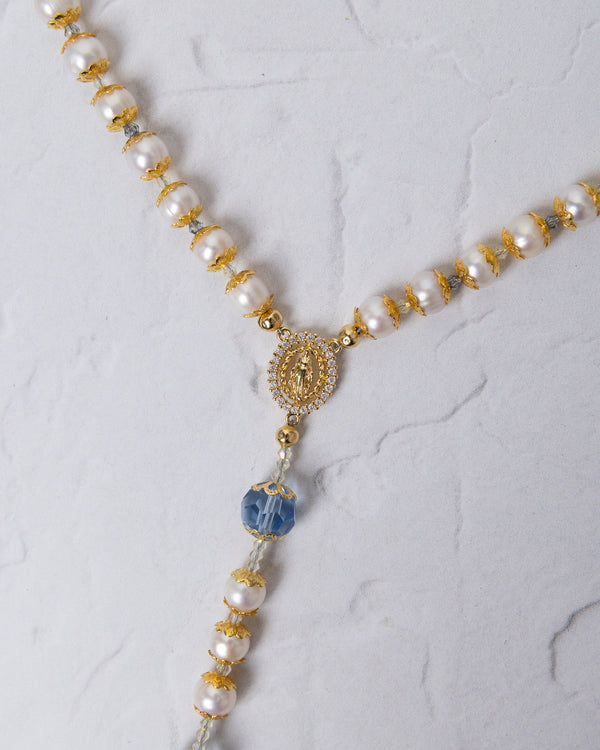 Pearl Something Blue Bridal Rosary y-shaped necklace with pearls, gold, blue crystal