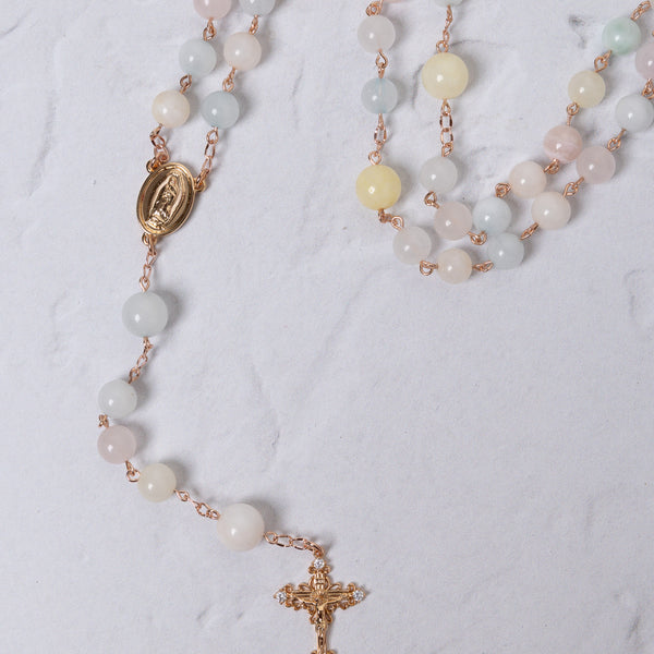 Pascha Morganite rosary: pastel jade beads, gold accents, crucifix