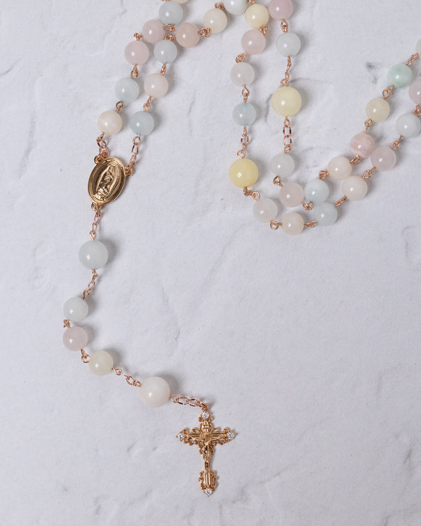 Pascha Morganite rosary: pastel jade beads, gold accents, crucifix