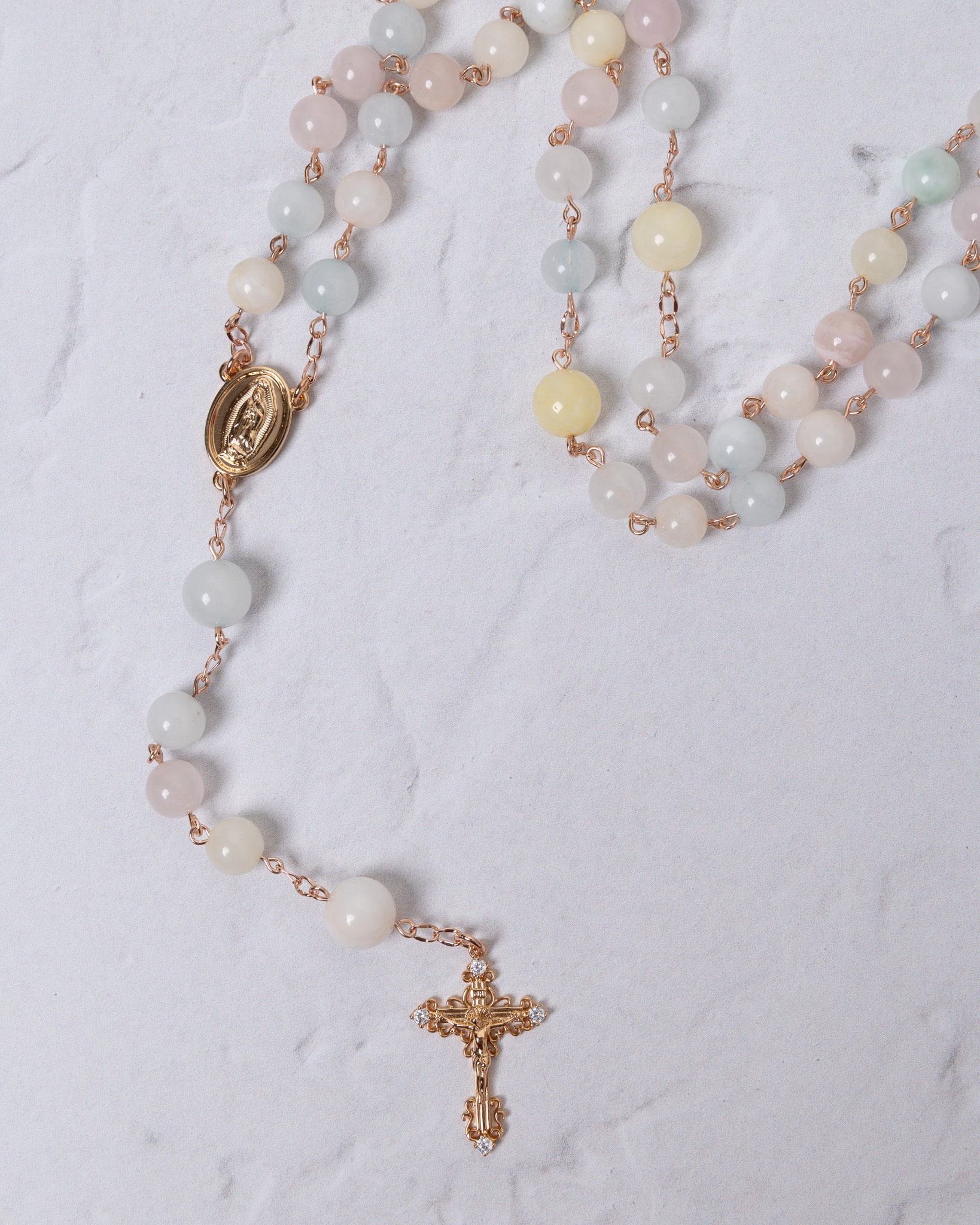 Pascha Morganite rosary: pastel jade beads, gold accents, crucifix