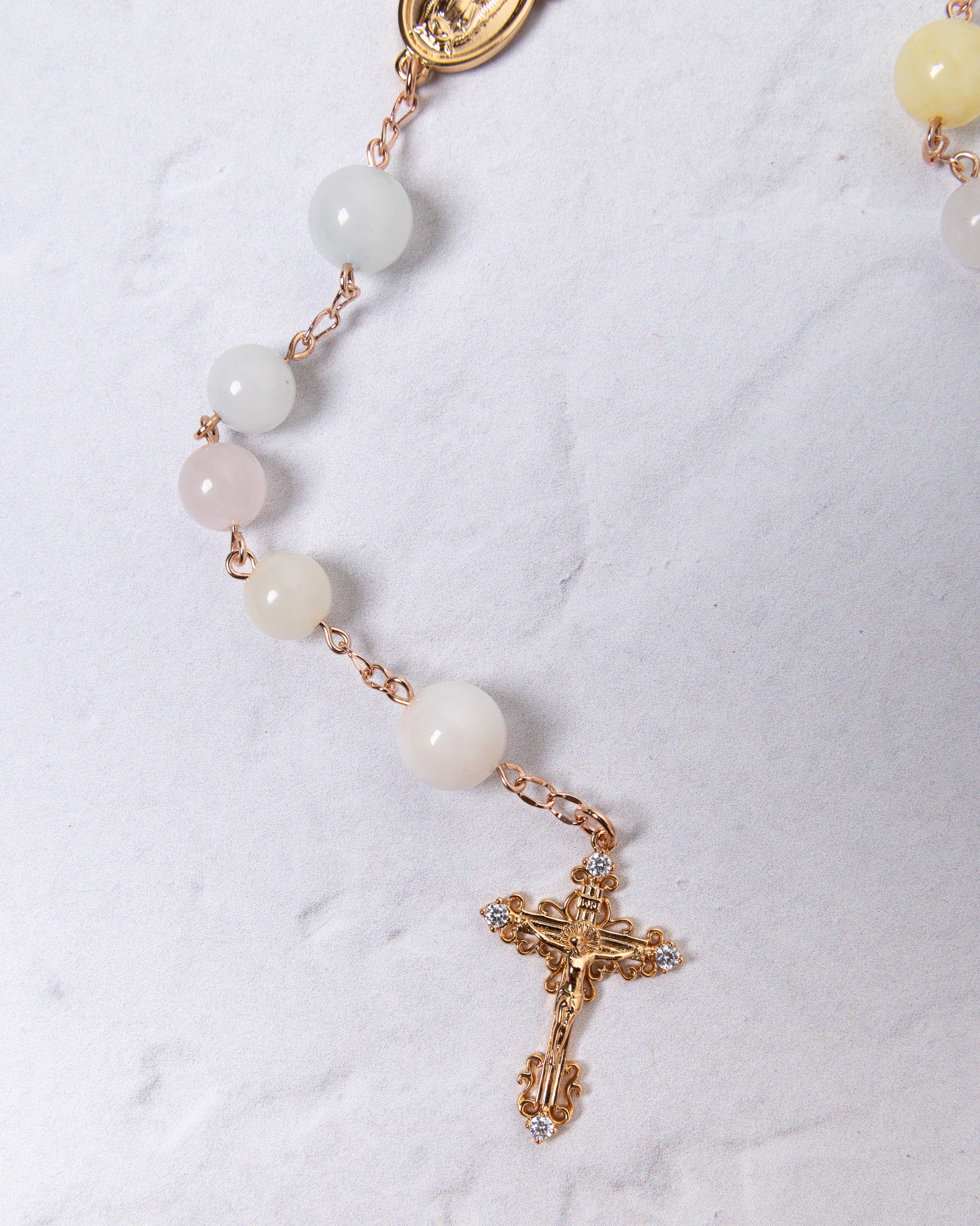 Pascha Morganite Rosary with white pink beads and rose gold cross