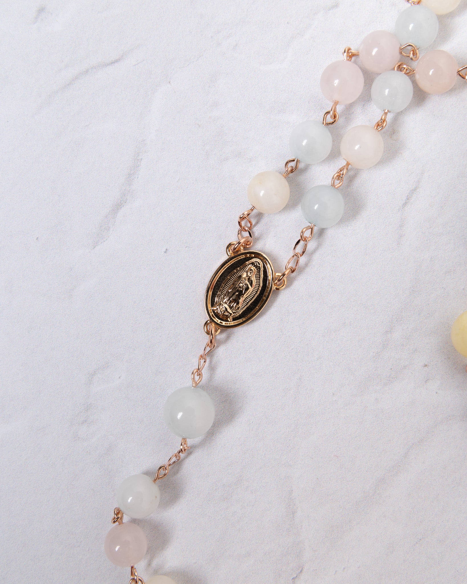 Pascha Morganite Rosary with pink white jade beads and rose gold medallion