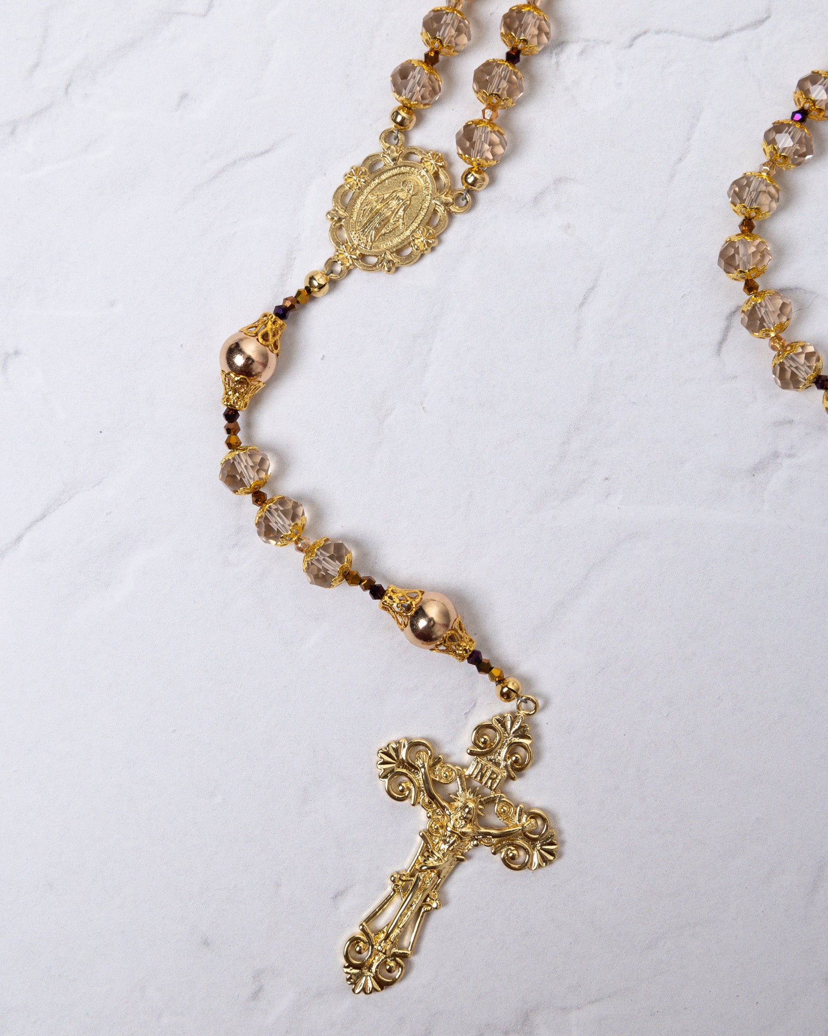 Gloria Aurea rosary with gold-toned clear amber beads ornate crucifix