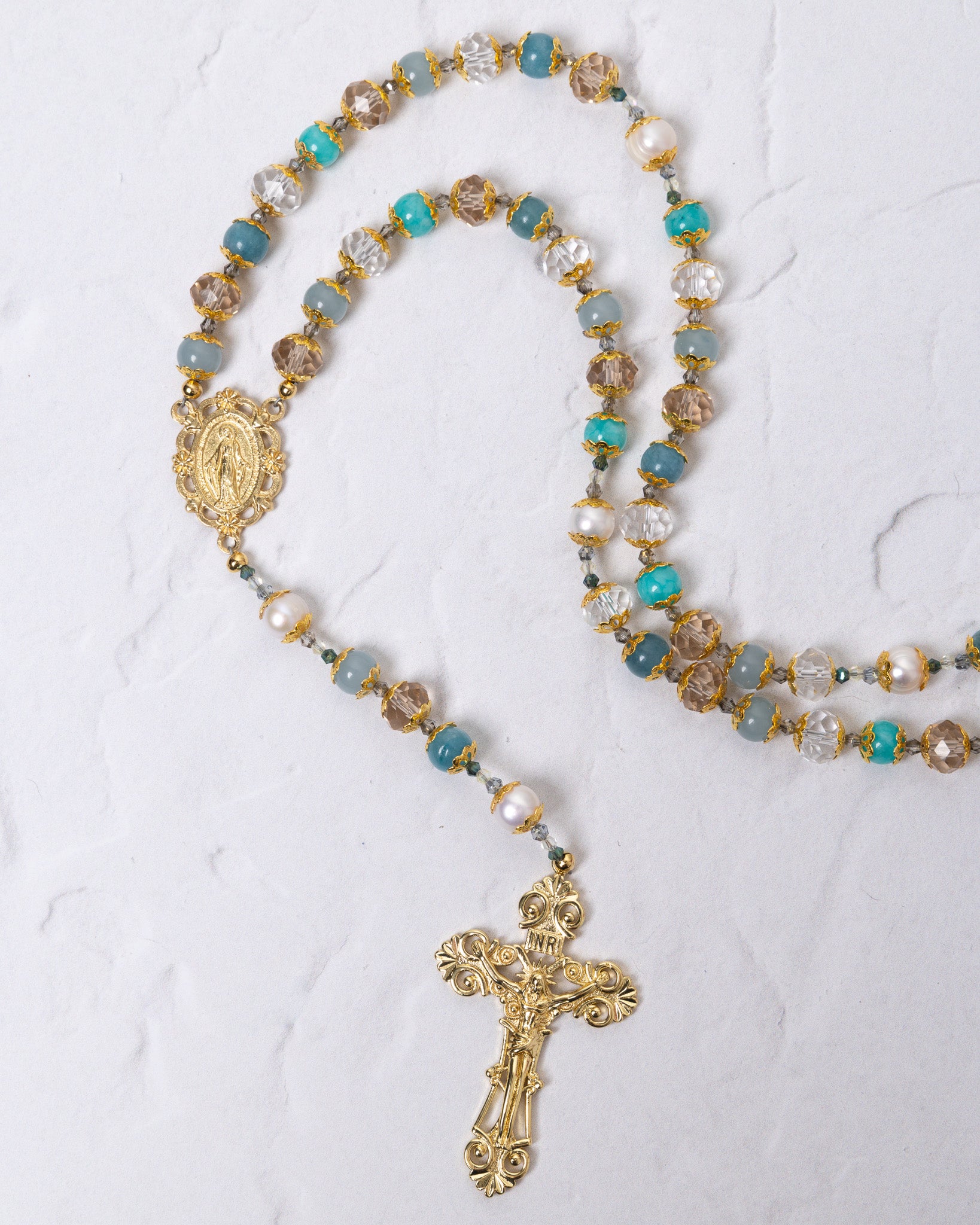 Gloria Maris rosary with turquoise crystal pearl beads ornate crucifix