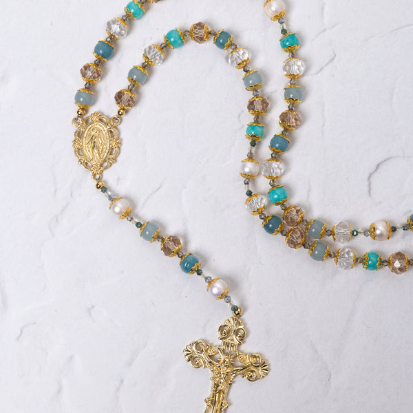 Gloria Maris rosary with turquoise crystal pearl beads ornate crucifix
