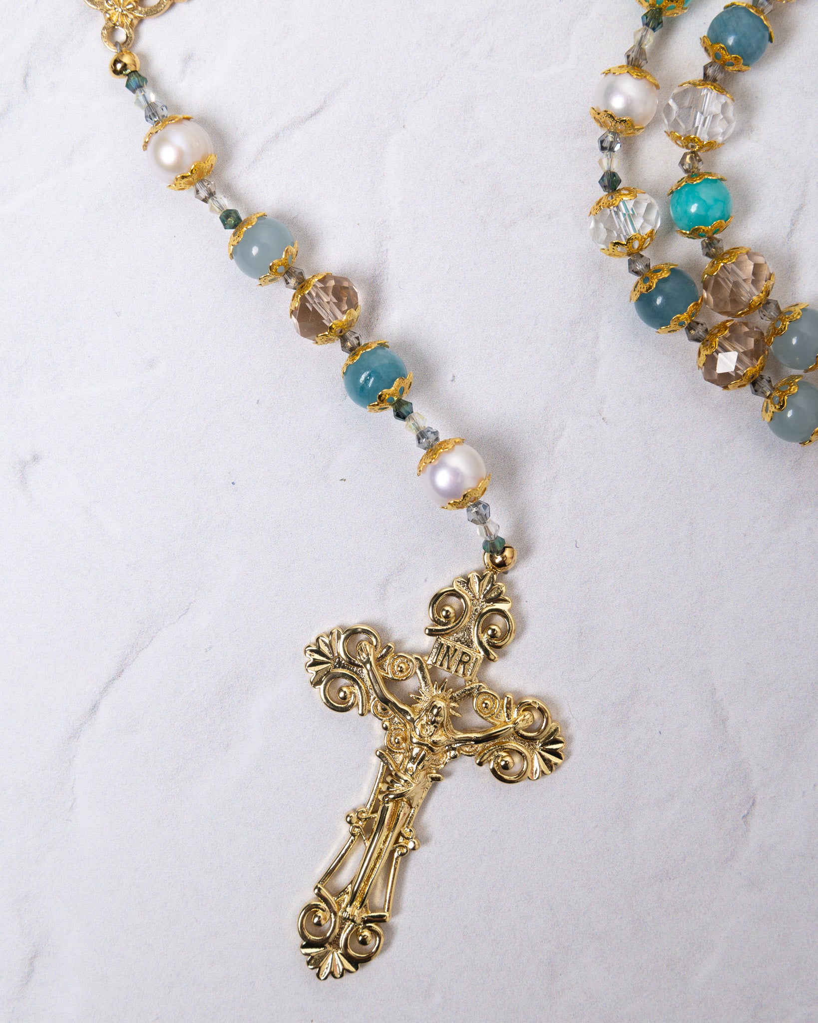 Gloria Maris rosary with gold crucifix, turquoise beads, crystals