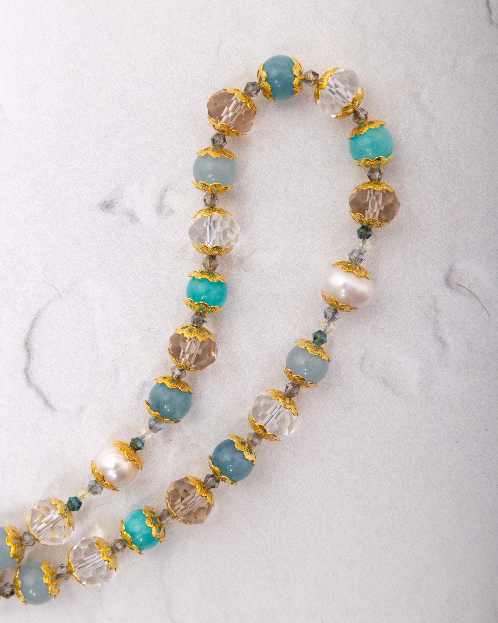 Gloria Maris Rosary: delicate turquoise, crystal, pearl beaded necklace with gold accents