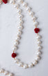Ivory Rose Pearl Rosary delicate necklace with lustrous white pearls red rose charms and tiny gold beads