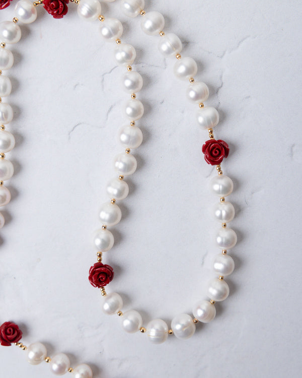 Ivory Rose Pearl Rosary delicate necklace with lustrous white pearls red rose charms and tiny gold beads
