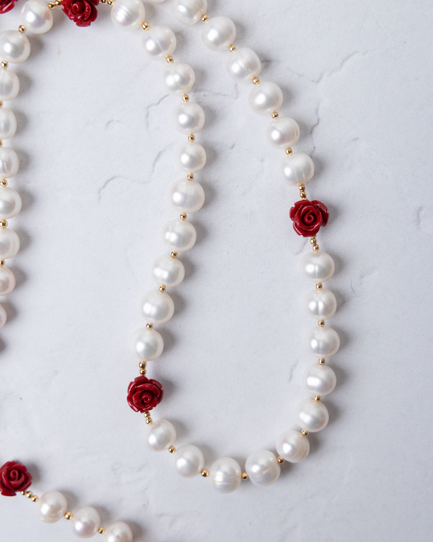 Ivory Rose Pearl Rosary delicate necklace with lustrous white pearls red rose charms and tiny gold beads