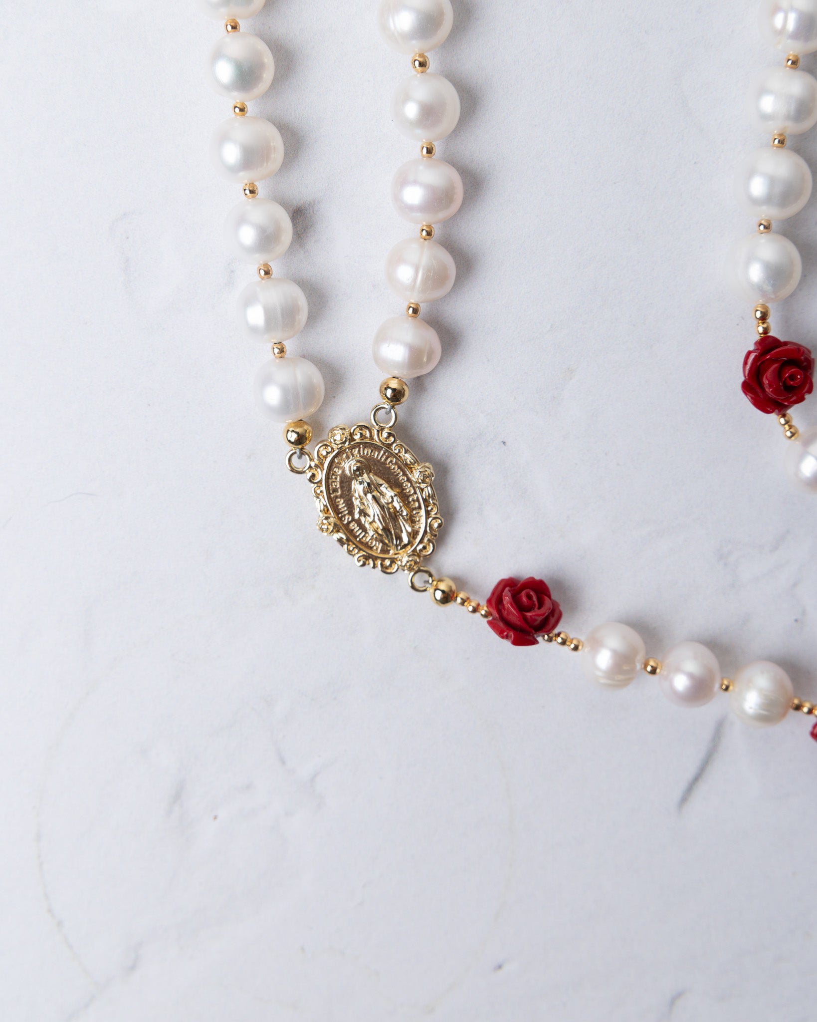 Ivory rose pearl rosary with delicate white pearls gold-toned beads red rose charms and ornate golden medallion