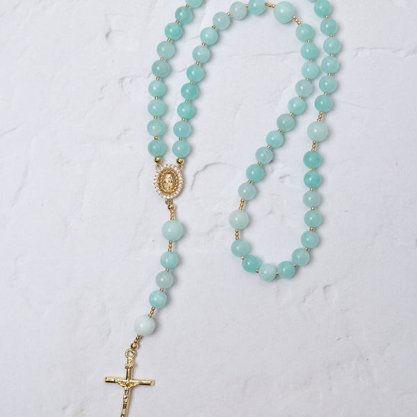 Hydrangea rosary delicate turquoise amazonite beads with gold-toned metal accents and crucifix end