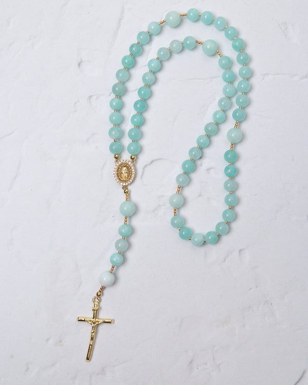 Hydrangea rosary delicate turquoise amazonite beads with gold-toned metal accents and crucifix end