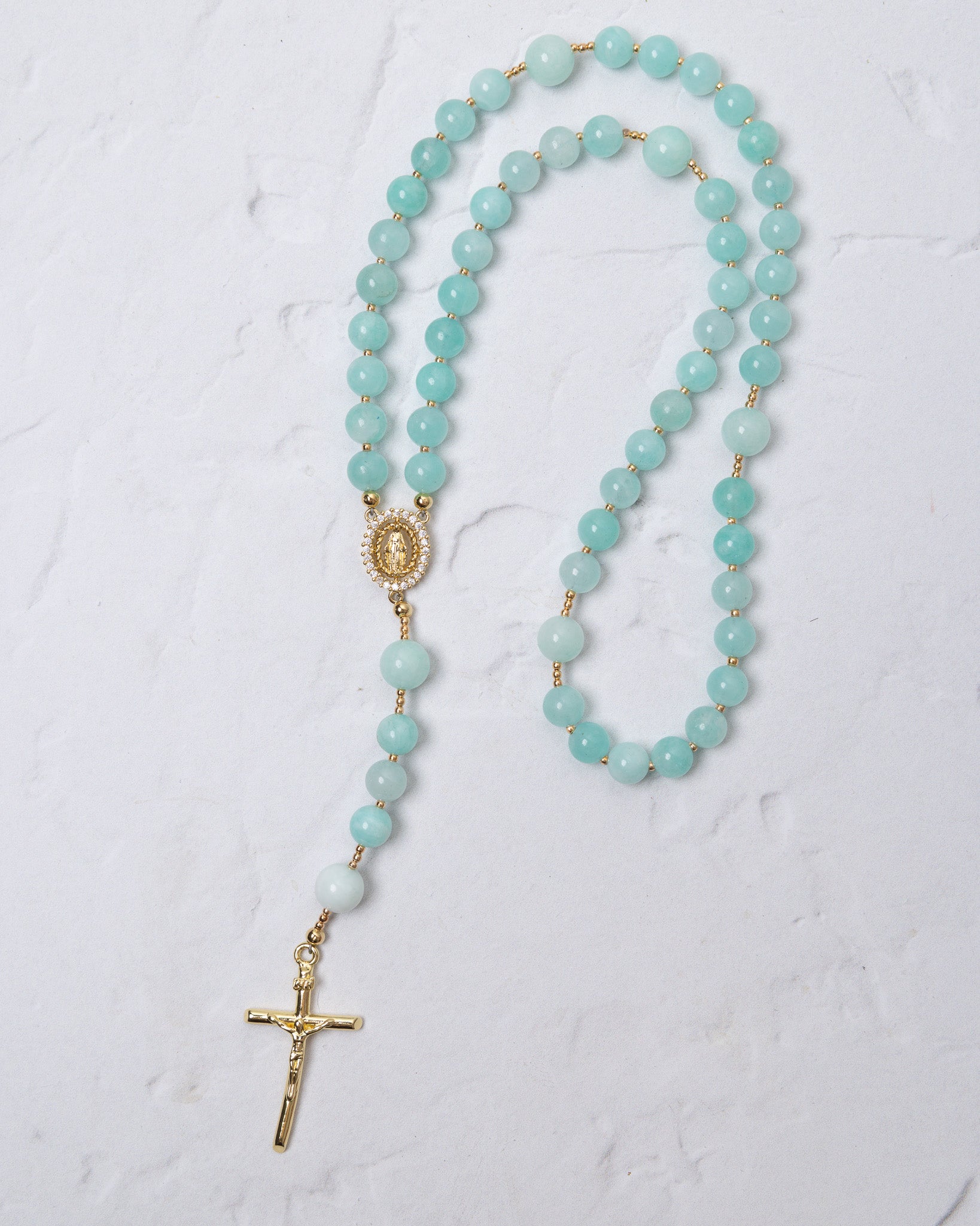 Hydrangea rosary delicate turquoise amazonite beads with gold-toned metal accents and crucifix end