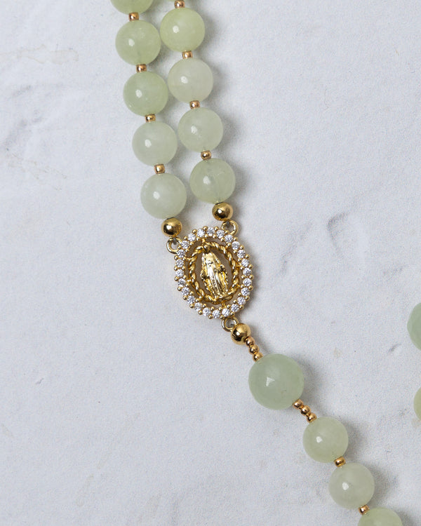 Lily of the valley rosary delicate double-strand necklace with pale green jade beads and gold-toned medallion with stones