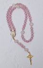 Sweet Pea Rosary delicate pink rose quartz rosary with gold-toned metal accents and detailed crucifix
