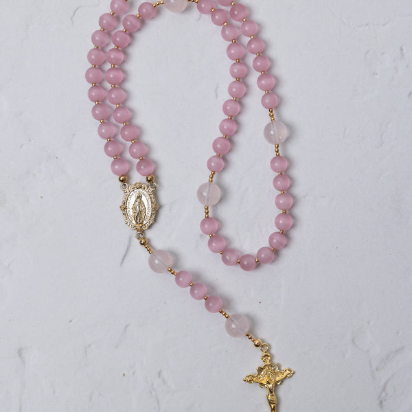 Sweet Pea Rosary delicate pink rose quartz rosary with gold-toned metal accents and detailed crucifix