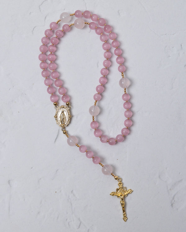 Sweet Pea Rosary delicate pink rose quartz rosary with gold-toned metal accents and detailed crucifix