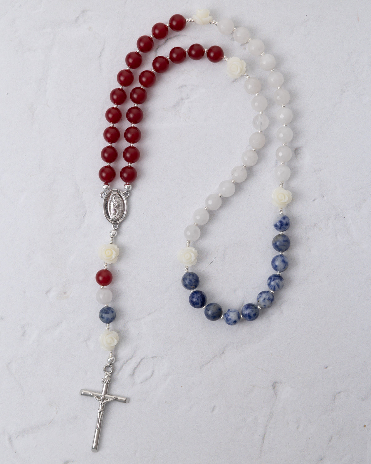 America the beautiful rosary in red white and blue beads with silver medallion and cross for prayer use