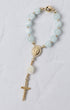 St Thereses Rose Garden car rosary with delicate light blue jade beads gold accents white rose charm and ornate crucifix