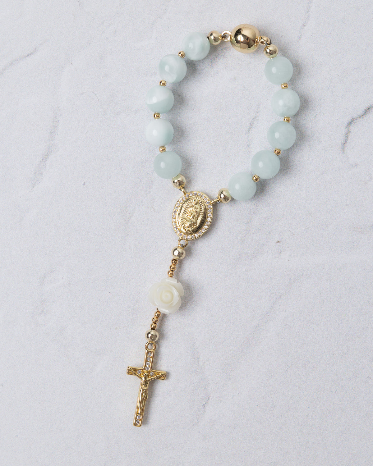 St Thereses Rose Garden car rosary with delicate light blue jade beads gold accents white rose charm and ornate crucifix