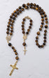 Golden-toned tiger eye bead rosary with detailed crucifix and saint benedict medal fortis benedicta rosary