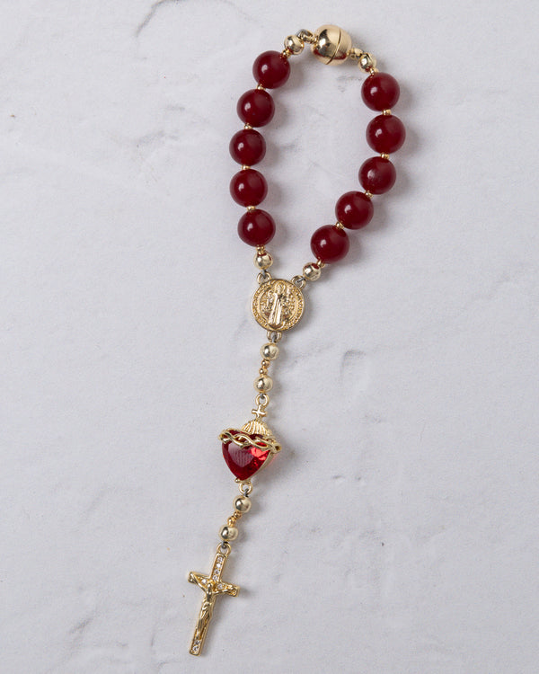 Sacred Heart steering wheel rosary with red agate beads gold-toned metal accents and heart-shaped crystal pendant