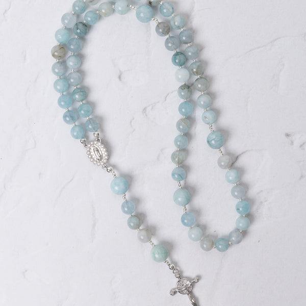 Be Still Blue Rosary in White Gold