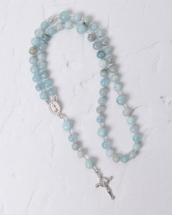 Be Still Blue Rosary in White Gold