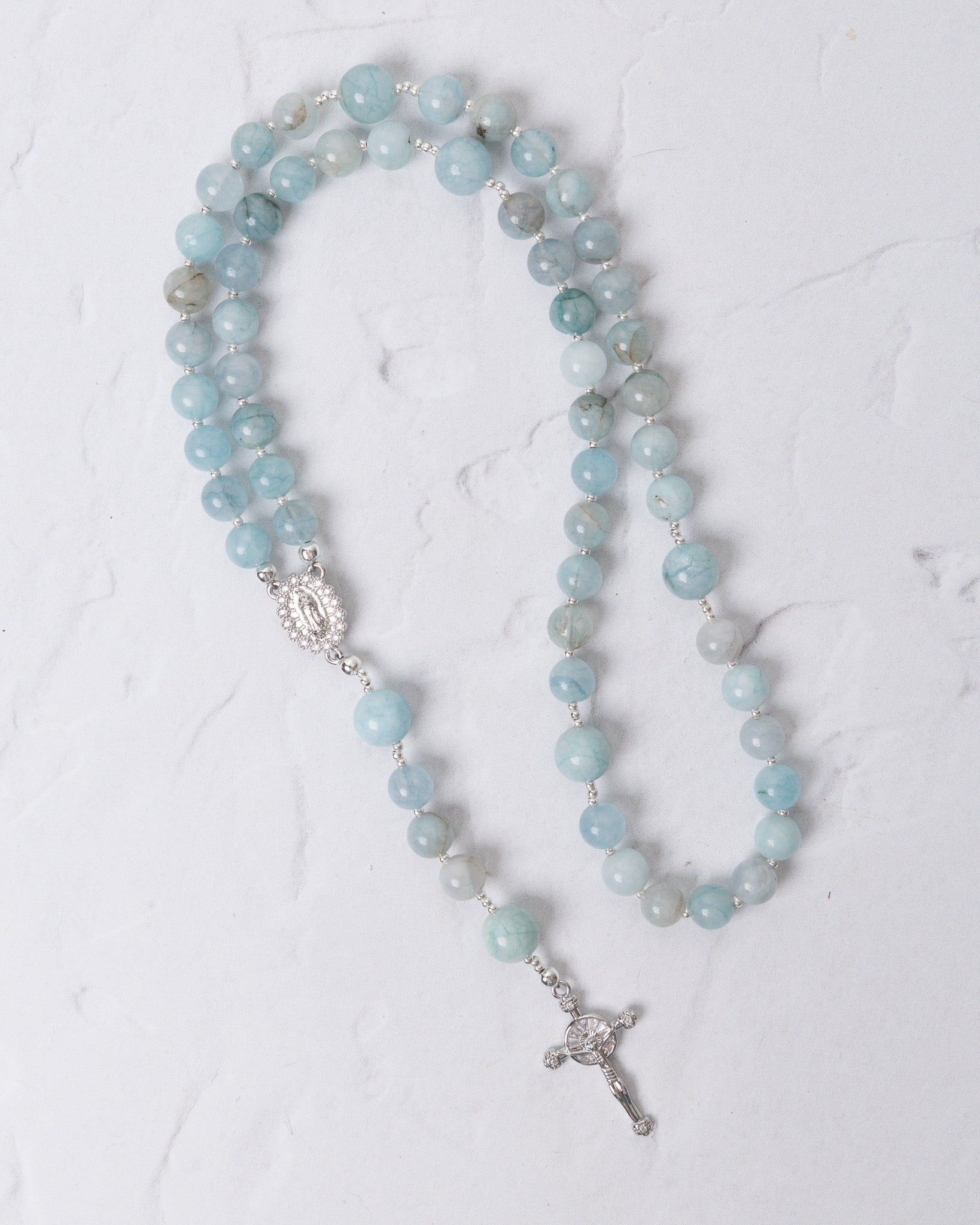 Be Still Blue Rosary in White Gold