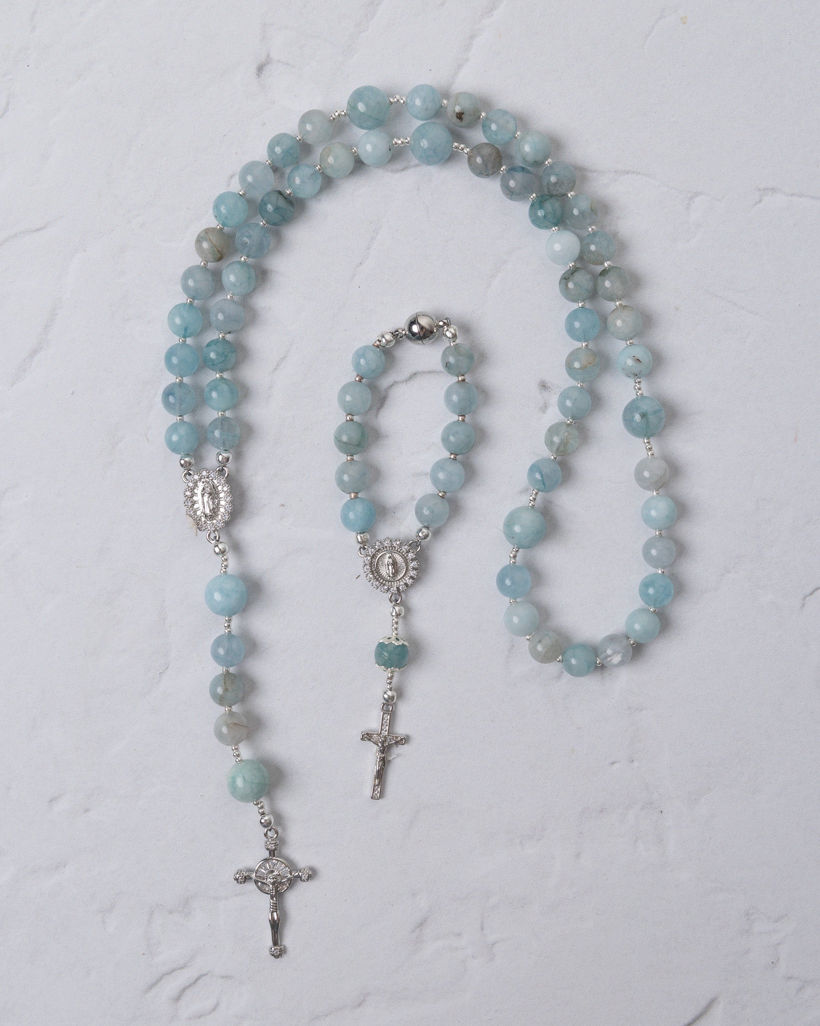 Be Still Blue Rosary in White Gold