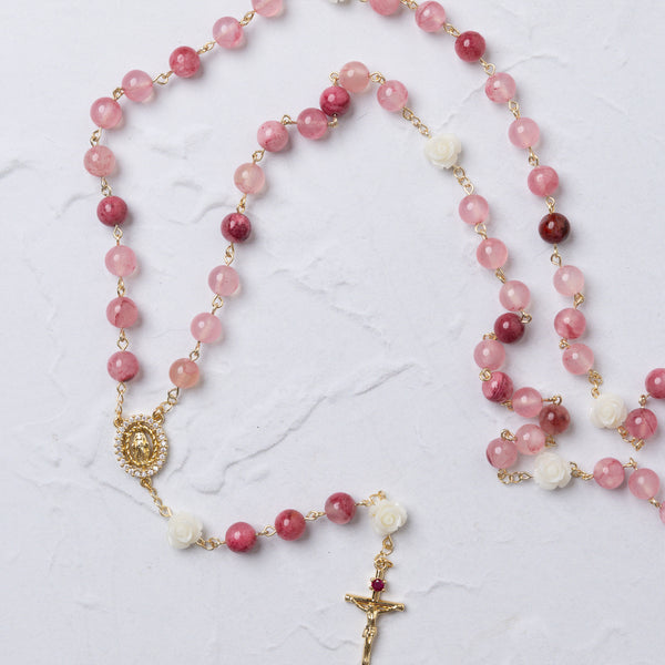 Custom Pink Peony Chain Link Rosary with White Rose Decades - Archive Piece