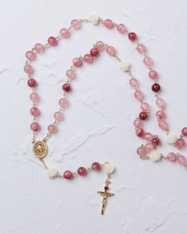 Custom Pink Peony Chain Link Rosary with White Rose Decades - Archive Piece