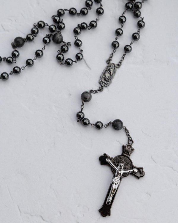 Black matte Armor of God Gunmetal Rosary with silver crucifix and engraved medallion