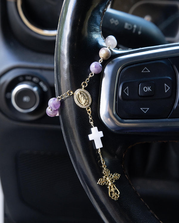 Delicate gold-toned Advent Purple Car Decade Rosary with purple beads and crosses