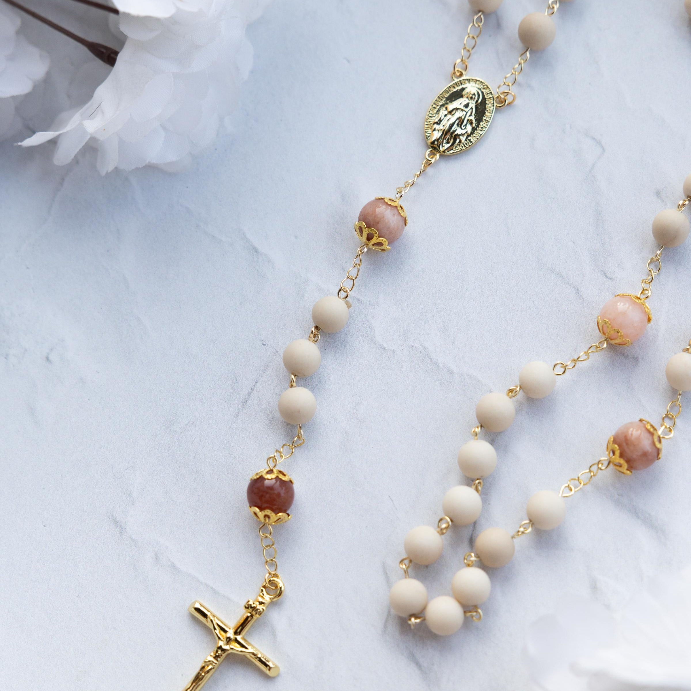 Soft Glory Rosary with cream beads, rose quartz, and gold crucifix