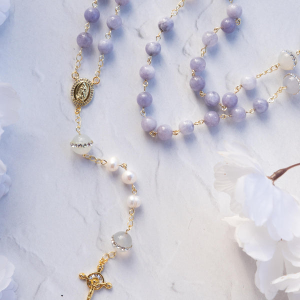 Delicate lavender stone Lenten rosary with gold accents and crucifix