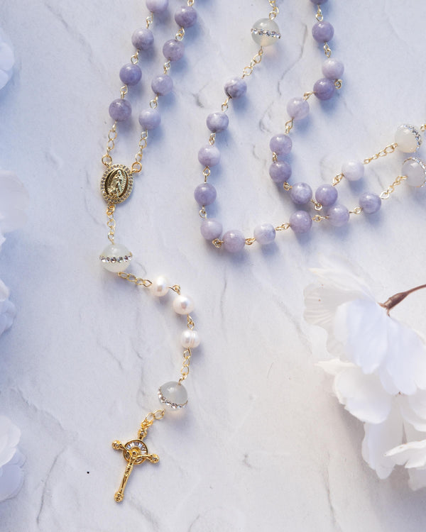 Delicate lavender stone Lenten rosary with gold accents and crucifix