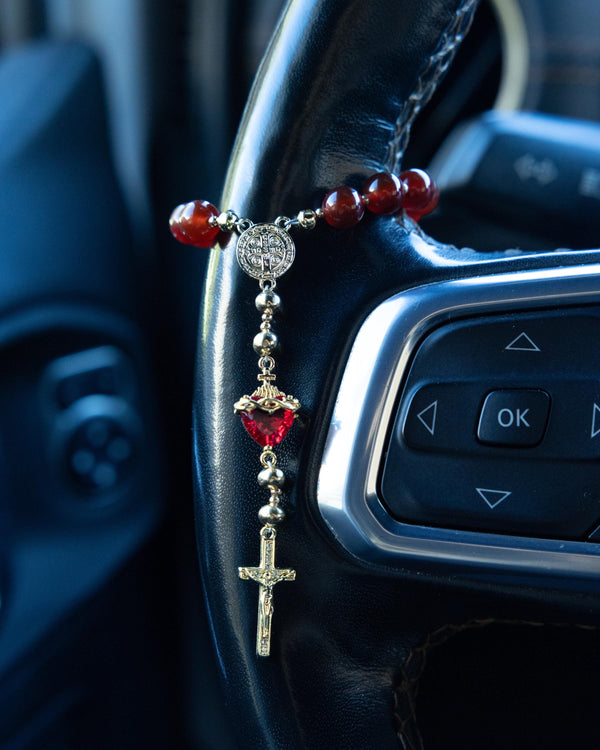 Sacred Heart steering wheel rosary with red silver beads and crucifix