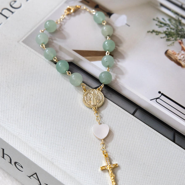 Jade car decade rosary bracelet with green jade beads, saint benedict medal, and white heart cross charm