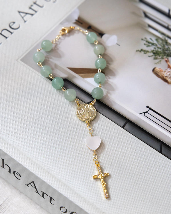Jade car decade rosary bracelet with green jade beads, saint benedict medal, and white heart cross charm