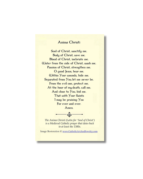 Cream-colored Anima Christi prayer card with black serif text