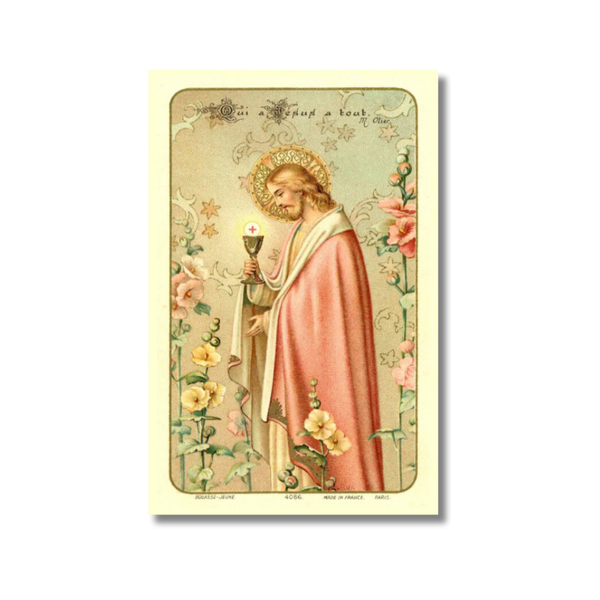 Vintage Anima Christi print of Jesus in pink robe holding Eucharist chalice