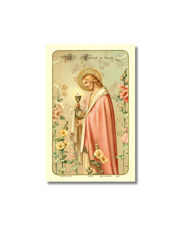 Vintage Anima Christi print of Jesus in pink robe holding Eucharist chalice