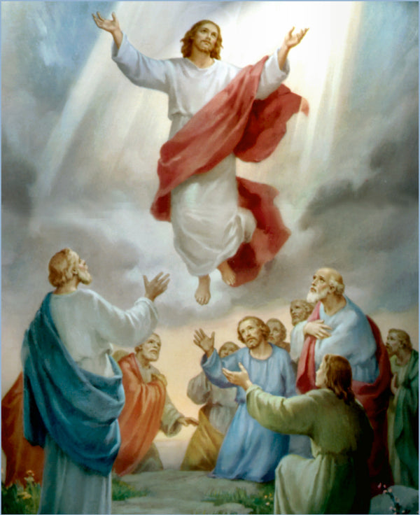 A divine figure ascends into heaven, draped in a flowing white robe with a vibrant red cloak billowing behind him.