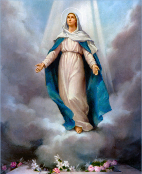 A serene depiction of the virgin mary in a flowing white gown with a vibrant blue mantle, crowned by a radiant halo and standing amidst swirling clouds.