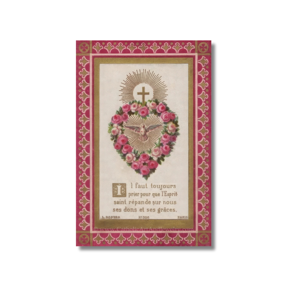 Catholic Valentine Holy Card with pink rose heart and gold filigree border