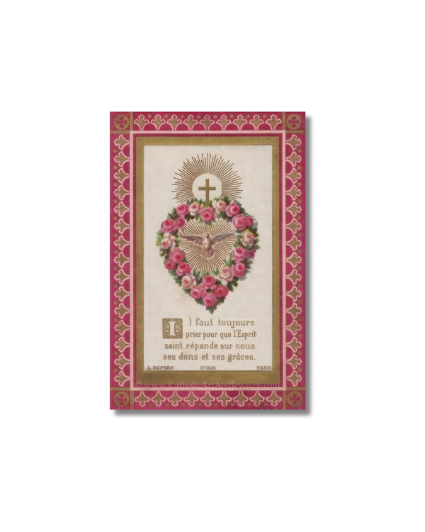Catholic Valentine Holy Card with pink rose heart and gold filigree border