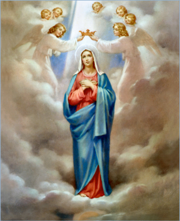 A serene depiction of the virgin mary in a flowing blue and red robe, surrounded by angels in soft white garments against a backdrop of swirling clouds.